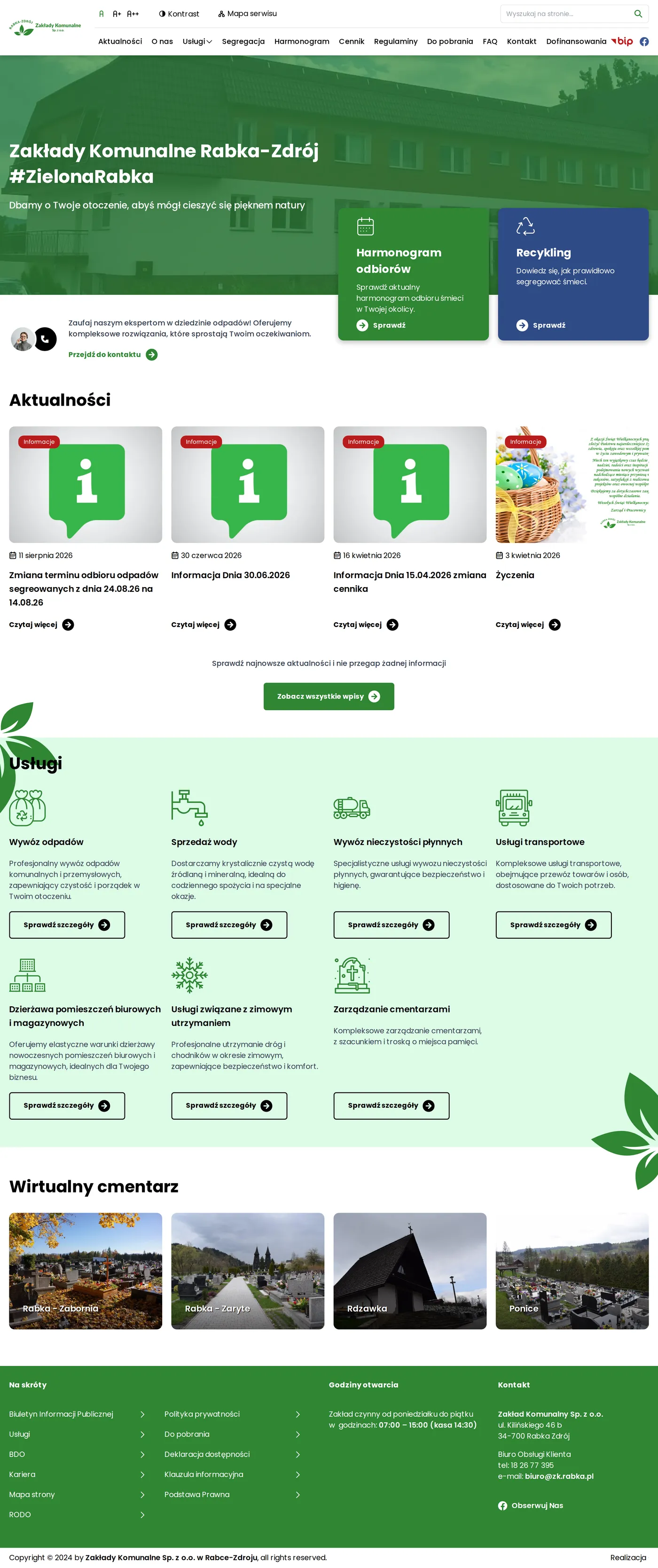 Strona Zakłady Komunalne Rabka-Zdrój, widok desktop